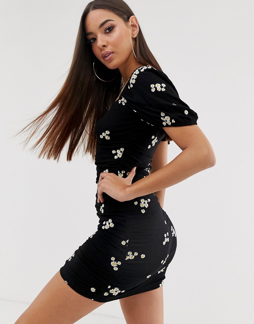 ASOS DESIGN daisy embroidered ruched mini sundress-Black
