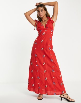 Asos Design Daisy Embroidered Tie Strap Maxi Dress In Redmulti ModeSens