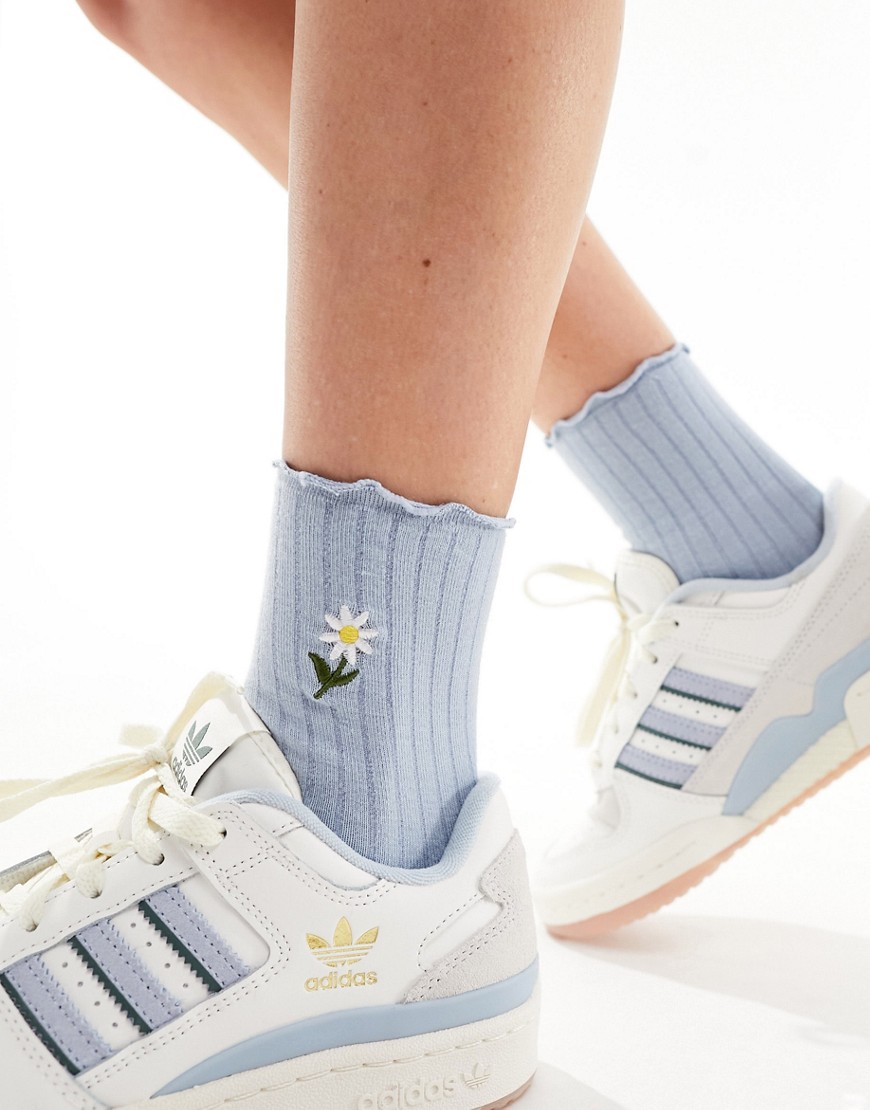 ASOS DESIGN daisy embroidery frill top sock in blue-Multi