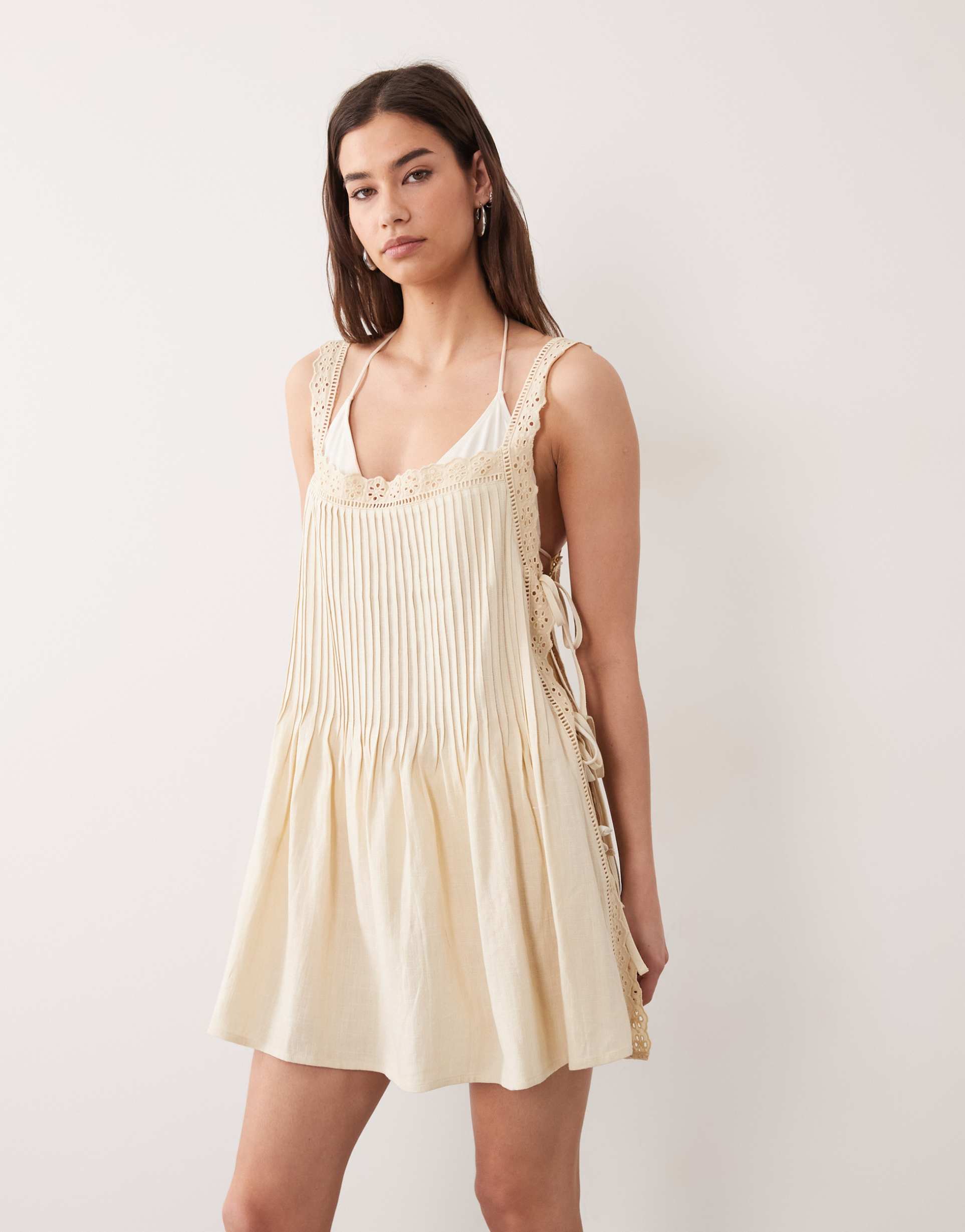 asos design daisy pleated lace beach sundress in buttermilk