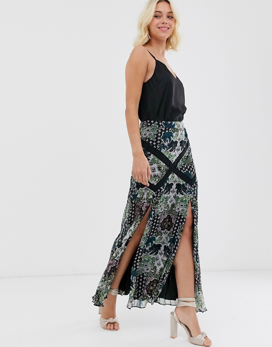 ASOS DESIGN dark floral pleat maxi skirt with lace trim inserts-Multi