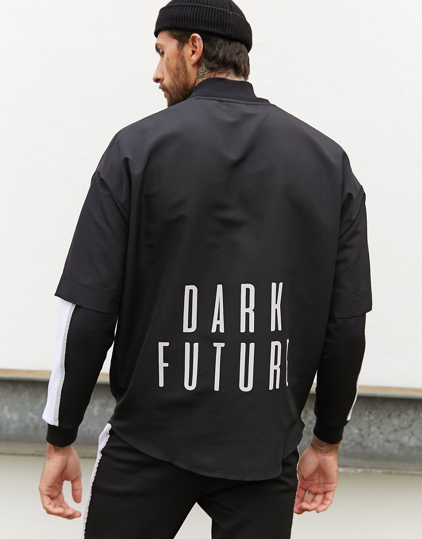 ASOS DESIGN Dark Future oversized longline woven t-shirt with large dark future logo print and curved hem-Black