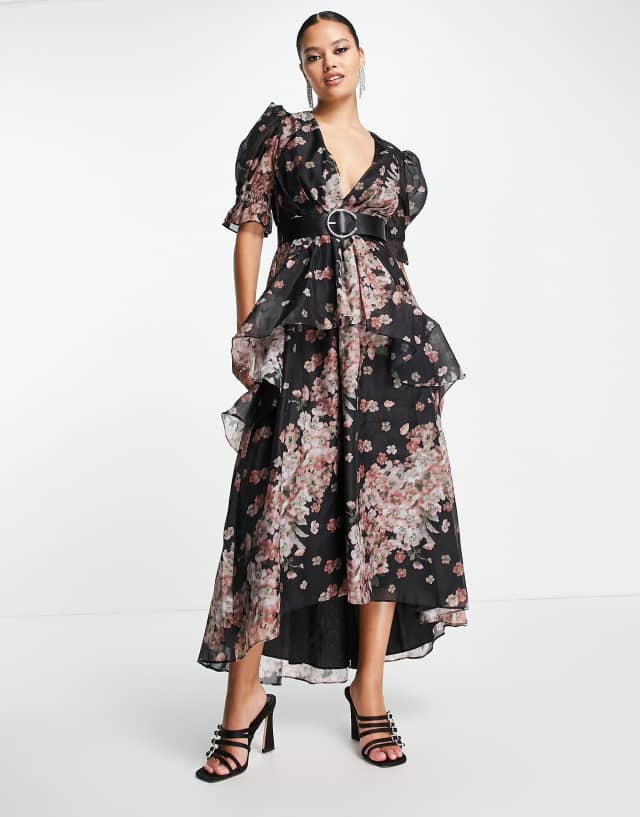 ASOS DESIGN dark sleeve voile midi tea dress with puff sleeve and belt