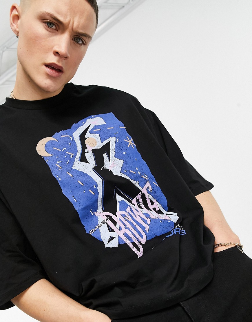 Asos Design David Bowie Oversized Heavyweight T-shirt With Front Print In Black With Acid Wash
