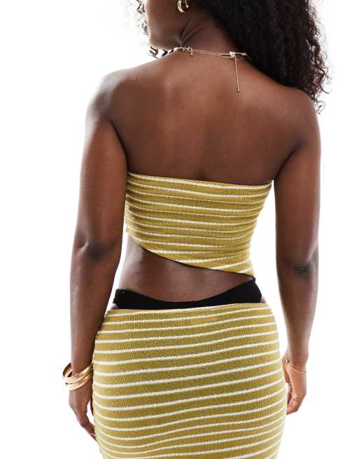 ASOS DESIGN Dawn knit asymmetric bandeau beach top in cream & green stripe, 3 of 4