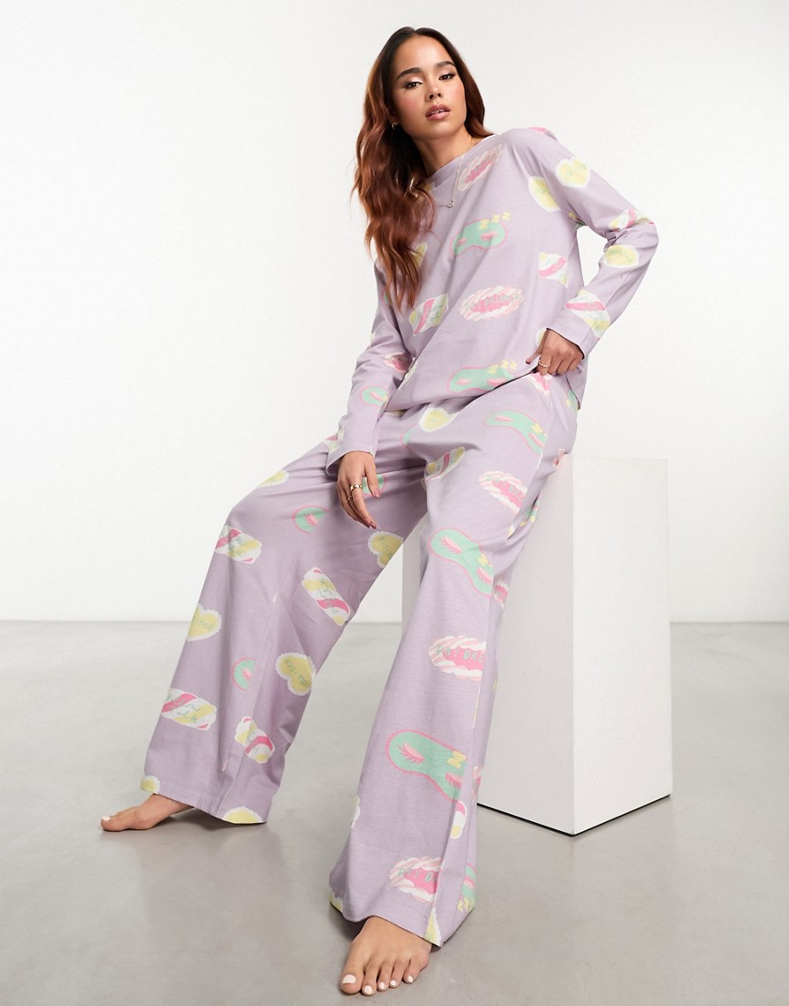 Asos Design Tall Daydream Long Sleeve Top & Pants Pajama Set In Lilac-purple