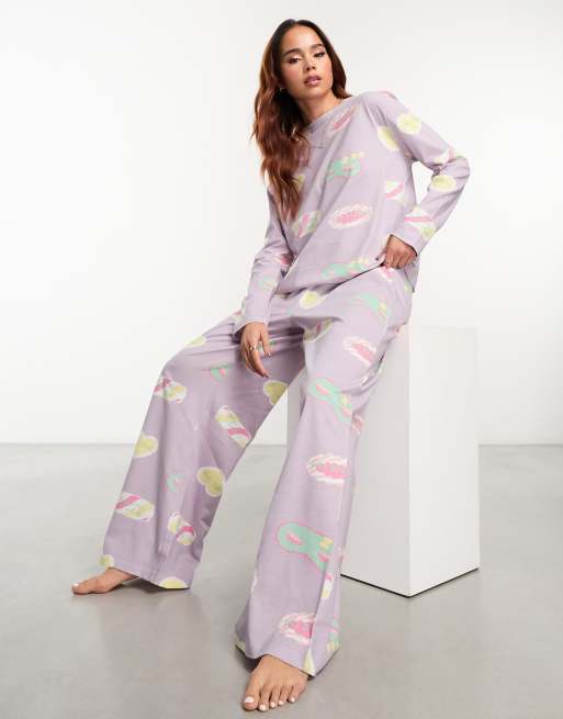 ASOS DESIGN soft jersey long sleeve shirt & pants pajama set with contrast  piping in heather gray