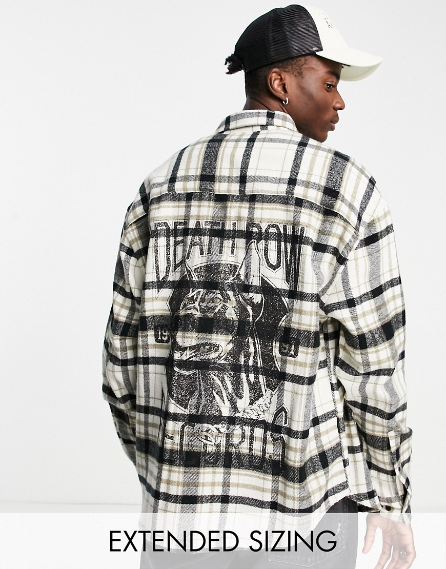 ASOS DESIGN Death Row Records 90s oversized beige plaid shirt with back print-Neutral