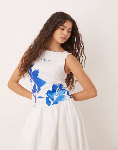 ASOS DESIGN - Débardeur à encolure bateau et imprimé photographique fleurs - Blanc - view 1