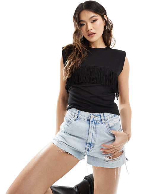 ASOS DESIGN - Débardeur à épaulettes avec franges en suédine - Noir