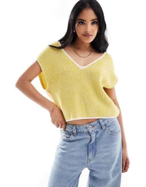 ASOS DESIGN - Débardeur à liseré et col V en maille torsadée - Jaune