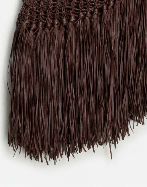 ASOS DESIGN - Débardeur asymétrique en maille ajourée à ourlet frangé - Chocolat, 8 de 8