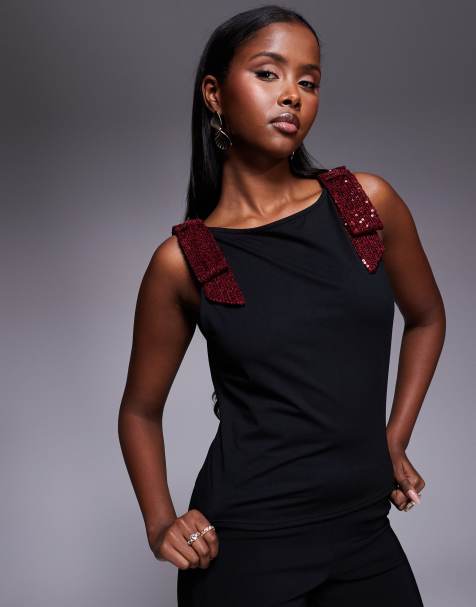 ASOS DESIGN - Débardeur avec nœuds ornés de sequins sur les épaules - Noir/baie - view 1