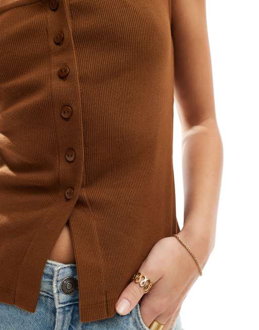 ASOS DESIGN - Débardeur boutonné à encolure carrée - Marron chocolat, 2 de 4