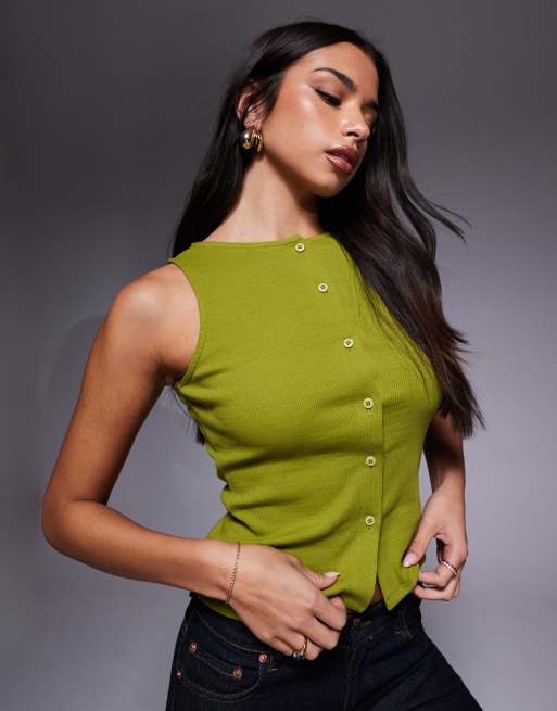 ASOS DESIGN - Débardeur boutonné à encolure côtelée dégagée - Vert olive