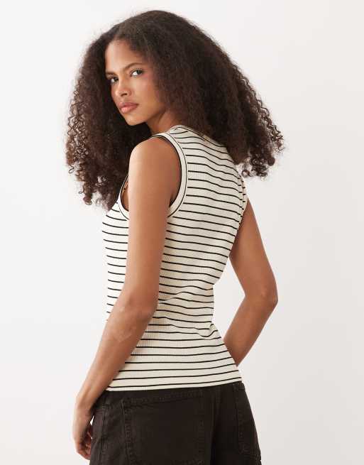 ASOS DESIGN - Débardeur côtelé épais à col V et coutures visibles - Crème et noir rayé, 4 de 4