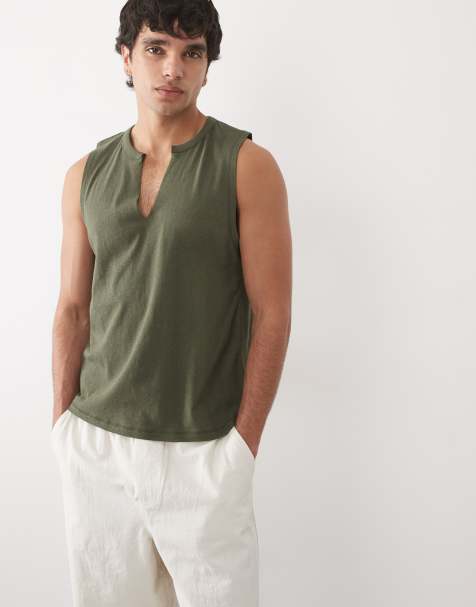 ASOS DESIGN - Débardeur coupe classique en lin mélangé à col V - Vert foncé - view 1