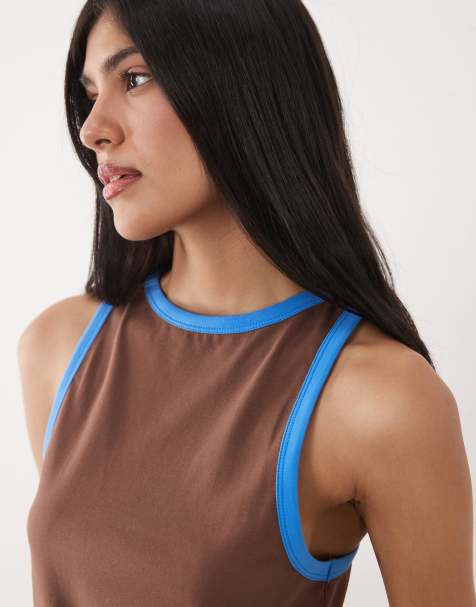 ASOS DESIGN - Débardeur coupe nageur à bords-côtes contrastants - Chocolat et bleu clair - view 1