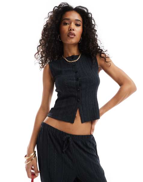 ASOS DESIGN - Débardeur d'ensemble boutonné en broderie anglaise - Noir - view 1