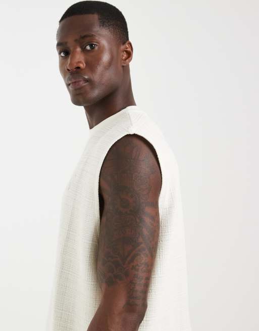 ASOS DESIGN - Débardeur d'ensemble coupe carrée oversize en tissu texturé épais à inscription - Crème, 4 de 5