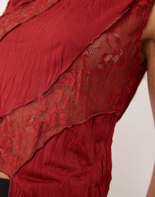 ASOS DESIGN - Débardeur effet froissé en dentelle mélangée - Bordeaux, 3 de 4