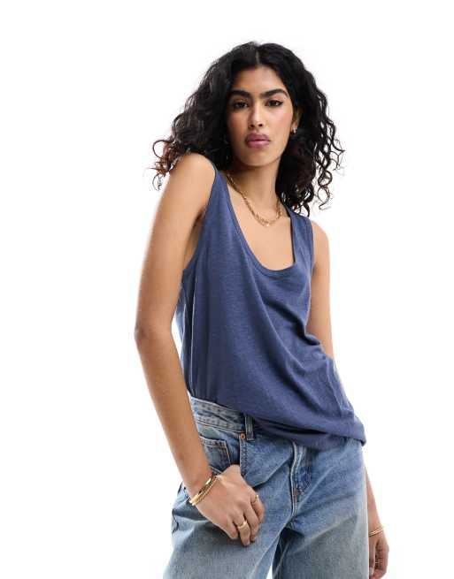 ASOS DESIGN - Débardeur effet lin à encolure dégagée - Bleu marine