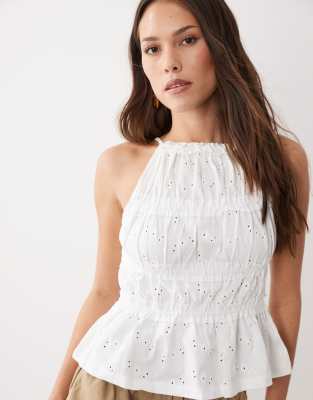 ASOS DESIGN - Débardeur en broderie anglaise à encolure carrée et détail froncé - Blanc