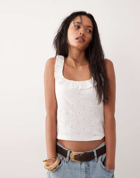 ASOS DESIGN - Débardeur en broderie anglaise à volants et encolure dégagée - Blanc - view 1