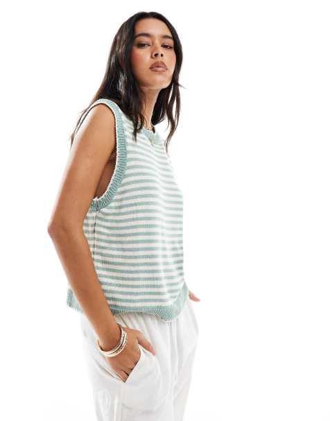ASOS DESIGN - Débardeur en maille avec détails contrastants au point de feston - Rayures vertes - view 1