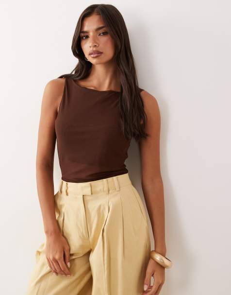 ASOS DESIGN - Débardeur en tulle transparent à ourlet asymétrique - Chocolat - view 1
