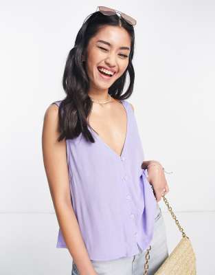 ASOS DESIGN - Débardeur froissé à col en V et boutons nacrés - Lilas