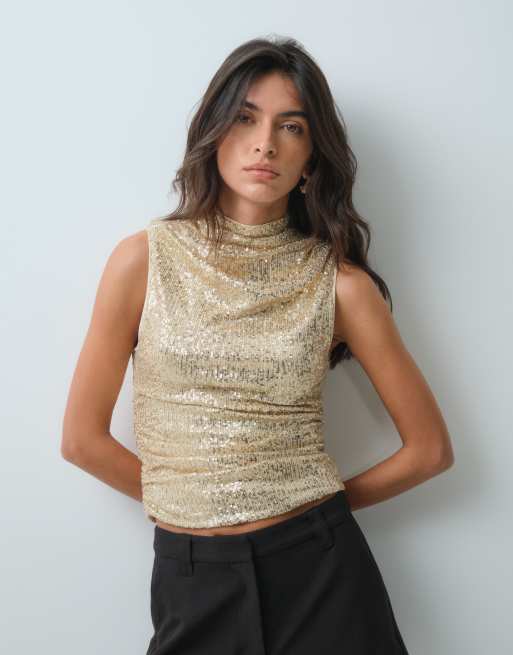 ASOS DESIGN débardeur froncé à col montant entièrement recouvert de sequins dorés, 3 de 5