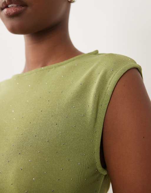 ASOS DESIGN - Débardeur long en tulle transparent ton sur ton à strass - Olive, 3 de 4