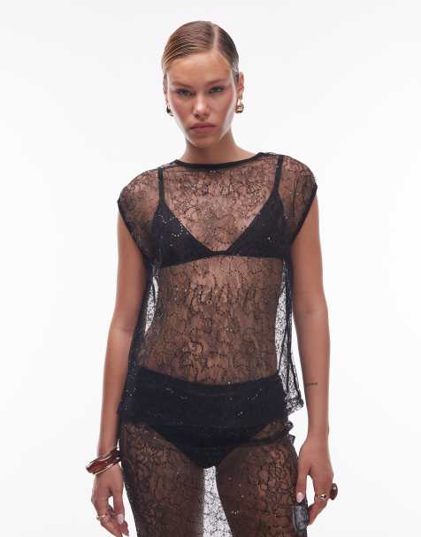 ASOS DESIGN - Débardeur long transparent d'ensemble en tulle orné de sequins - Noir - view 1