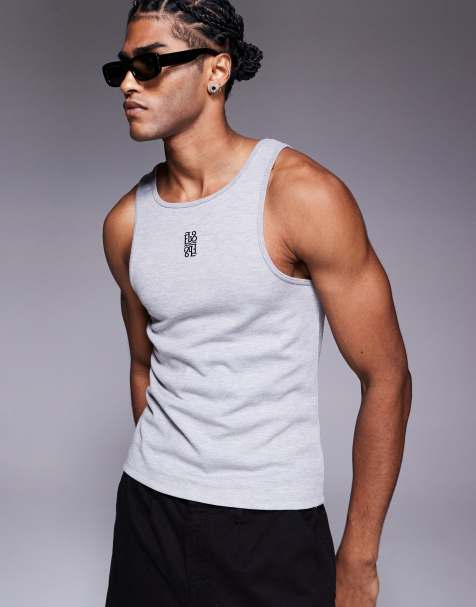 ASOS DESIGN - Débardeur moulant à encolure haute en tissu épais 300 g/m2 avec logo brodé sur la poitrine - Gris chiné - view 1