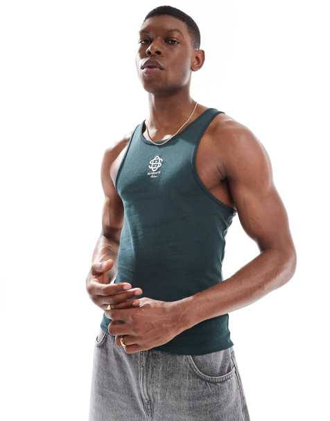 ASOS DESIGN - Débardeur moulant à encolure montante avec logo brodé sur la poitrine - Vert foncé - view 1