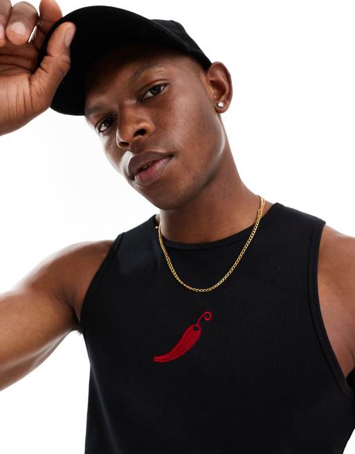 ASOS DESIGN - Débardeur moulant à imprimé piment sur la poitrine - Noir