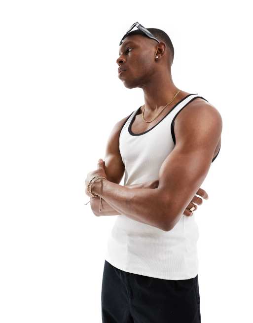 ASOS DESIGN - Débardeur moulant côtelé avec bords contrastants - Blanc