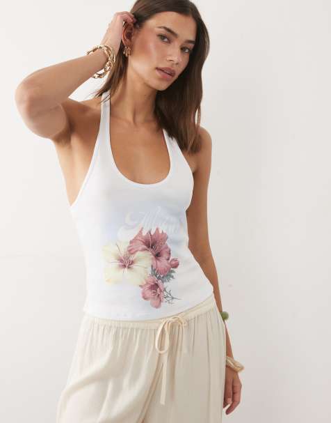 ASOS DESIGN - Débardeur nervuré à dos nu et imprimé fleur Maui - Blanc - view 1