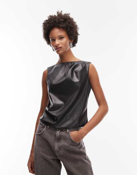 ASOS DESIGN - Débardeur plissé en PU à encolure bateau - Noir - view 1