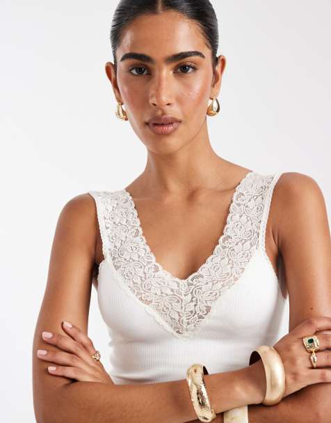 ASOS DESIGN - Débardeur sans coutures à col V et détail en dentelle - Ivoire - view 1