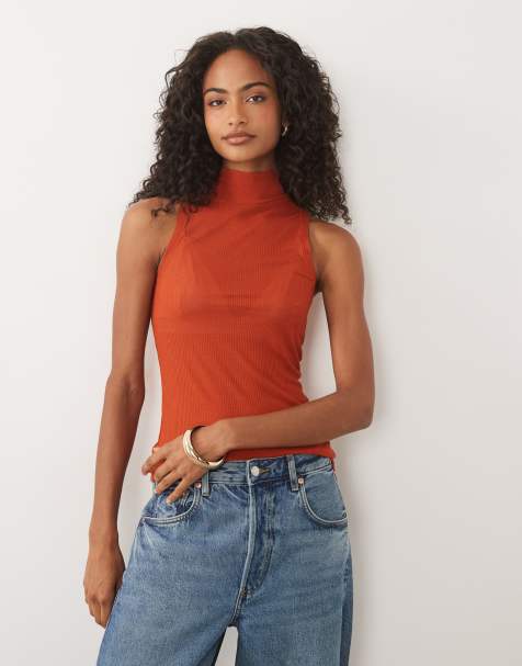 ASOS DESIGN - Débardeur sans manches à col montant en maille côtelée fine - Rouille - view 1