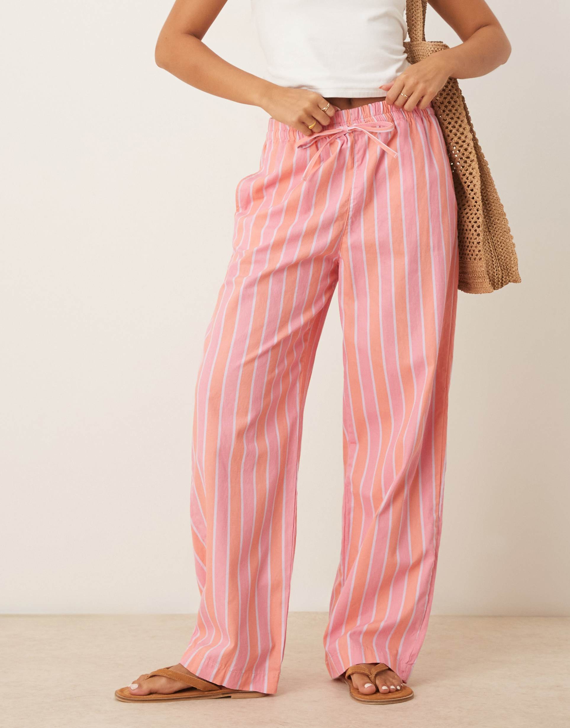 asos design deck chair stripe pull-on pants in pink