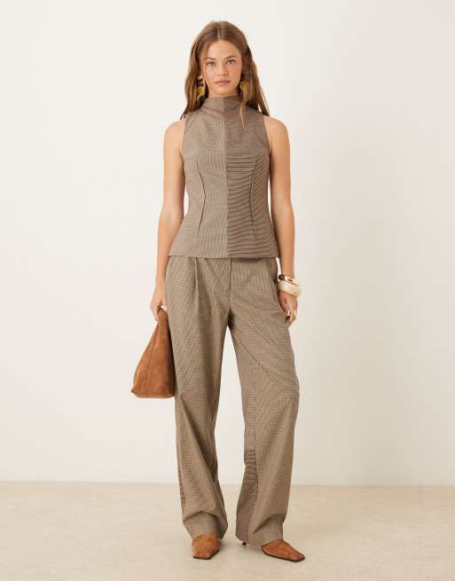 ASOS DESIGN - Decon - Elegante broek met wijde ronde pijpen in gemengde ruitprint, deel van co-ord set