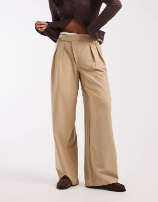 Asos Design Decon Tailored Wide Leg Deconstructed Contrast Waistband Pants In Brown