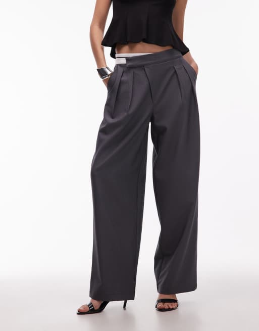 ASOS DESIGN DECON tailored wide leg deconstructed contrast waistband trousers in grey, 2 of 5
