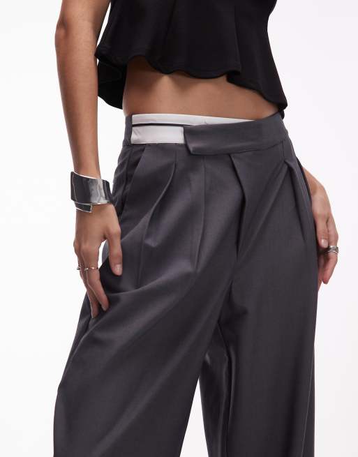 ASOS DESIGN DECON tailored wide leg deconstructed contrast waistband trousers in grey, 4 of 5