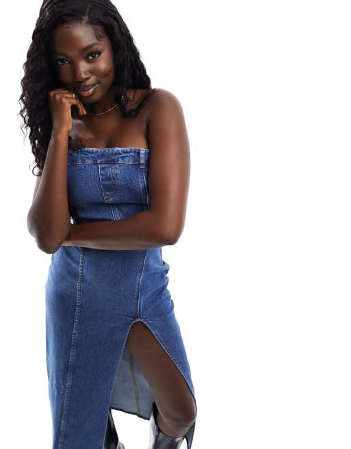 ASOS DESIGN DECONSTRUCTED denim bandeau midi dress in midwash blue