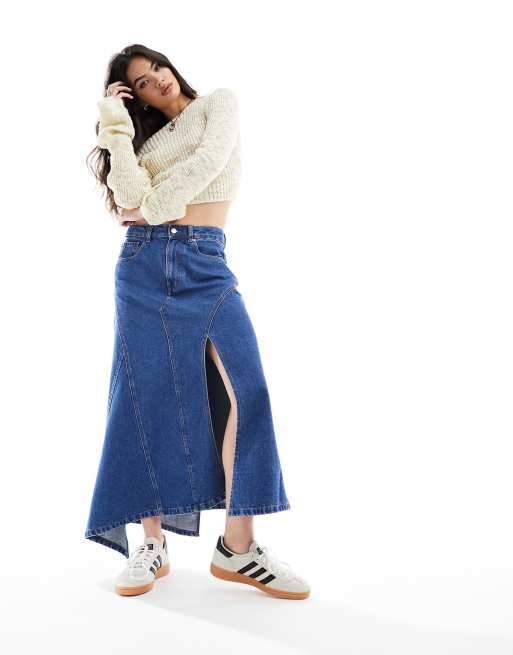 ASOS DESIGN - 'DECONSTRUCTED' - Midinederdel i denim i mellemvasket blå