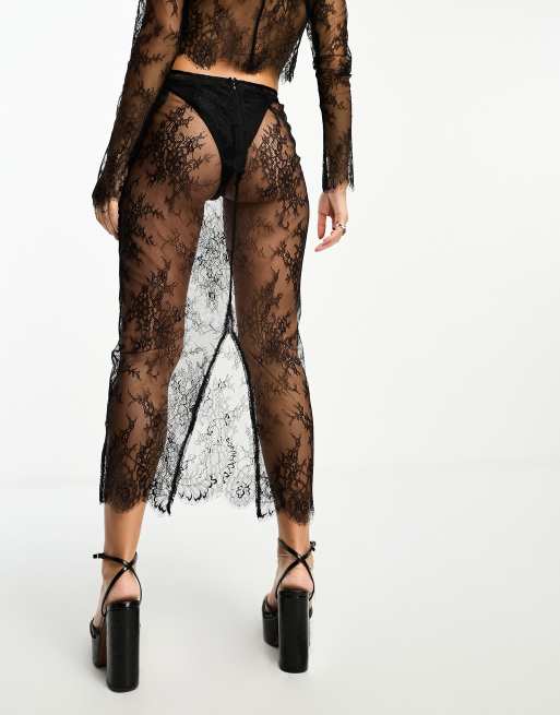 ASOS DESIGN decorative lace pencil midi skirt with scalloped edge co-ord in black, 2 of 4